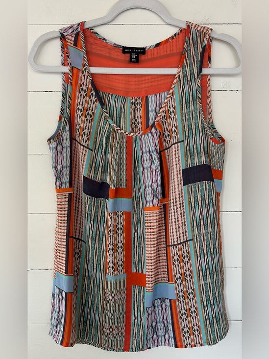 Willi Smith Tops - Willi Smith Sleeveless Silky Geometric Stripe Tank Top - Orange Multi, Sz Med